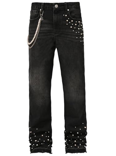 Stacked Jeans Men Slim Fit Straight Leg Jeans Bead Hip Hop Denim Pants Distressed Stretch Biker Jeans - Main Image