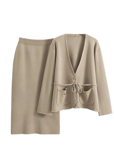 Women' Loose Knitted 2 Piece Set - V-Neck Sweater Cardigan & Waist Split Skirt - Comfortable Casual Outfit All Seasons(Khaki,M)