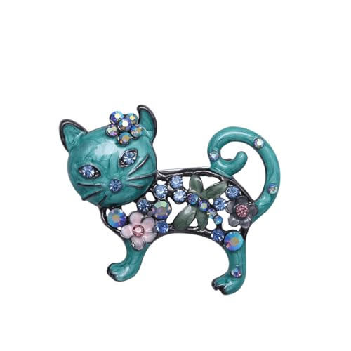 Image of Crystal Cat Enamel Brooch Cute Kitten Lapel Pin Corsage Glittering Brooches Fine Animal Rhinestone Badge Boutonniere Jewelry Outerwear Clothes Decoration for Women Girls Accessories (Green)