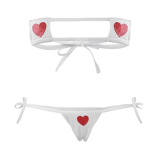 Women Bikini Kawaii Heart Embroidery Bandeau Swimsuit Tiny String Sliding Top Tie Side Thong Anime Cosplay Lingerie Set
