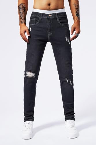 Jeans Pants Trousers Denim Men Stretch Slim Fit Trendy Street Worn Hole Wash Punched Casual Commuter Straight Leg2