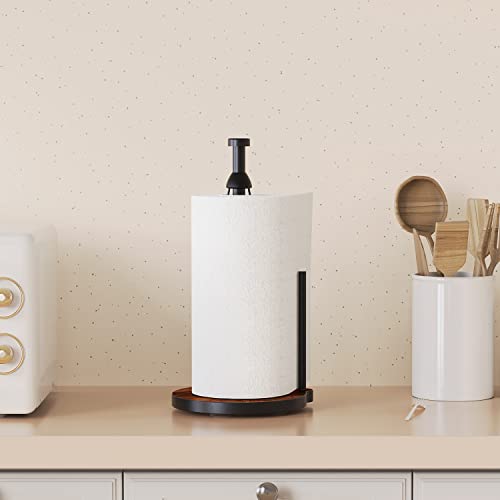 Vehhe Paper Towel Holder Countertop, Farmhouse Paper Towel Stand With Ratchet System And Suction Cups For Kitchen,Stainless Steel Perfect Tear Paper Towel Roll Holders With Wooden Base- Black #TOP7