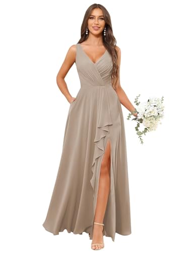 Image of HANVAIOS Long Chiffon V Neck Bridesmaid Dresses for Women Formal Dress with Pocket