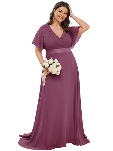 Image of Ever-Pretty Women's Chiffon Formal Evening Dresses for Curvy Women V-Neck Plus Size Floor Length Bridesmaid Dress