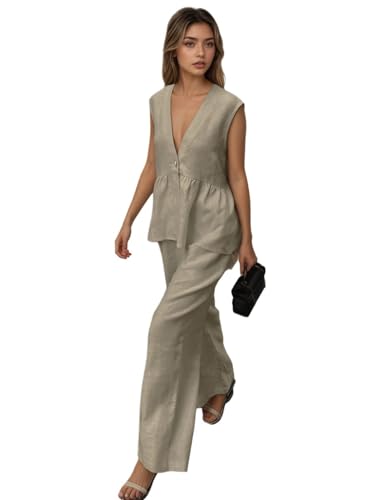 VCM 2 Piece Sets for Women Peplum Top Button-up Vest V Neck Cropped Tank Tops Straight Leg Pants Work Outfits Business Casual