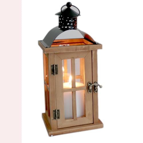 Laterne aus Holz mit Metalldach und Tragering H 29 cm - Holzlaterne - Gartenlaterne Größe 12,5 x 12,5 x 29 cm (L/B/H)