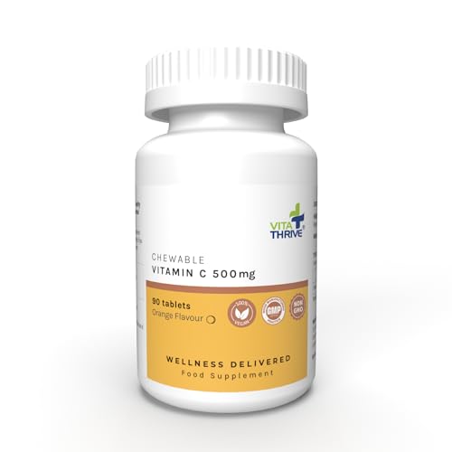 VitaThrive Vitamin C 500mg Chewable Tablets High Strength Vitamin C Supplement for Immune Support Collagen Formation & Daily Wellness Orange Flavour Chewable Tablets 90 Tablets