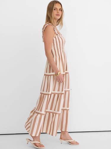 Image of Caracilia Womens Summer Maxi Dresses Floral Smocked Sleeveless Ruffle Boho Casual Flowy Aline Beach Vacation Long Sundress