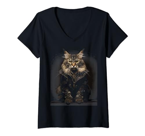 Mujer Ojos de gato Maine Coon Gatito Gatito Gato Arte Cara de gato Camiseta Cuello V