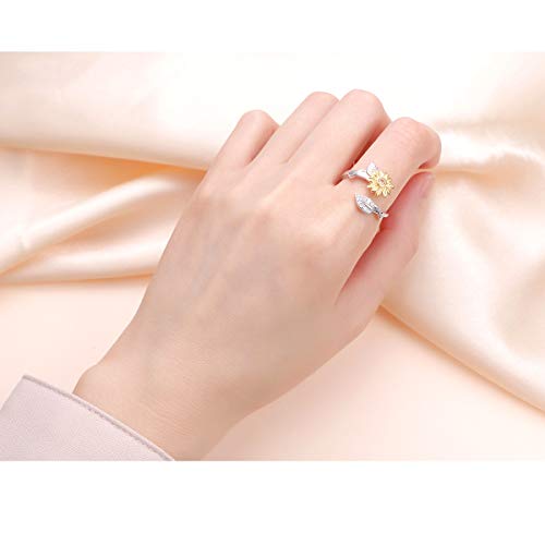 DAOCHONG Sterling Silver Sunflower Ring - You are My Sunshine CZ Stone - Fidget Anxiety Relieve Spinner - Urn Sunflower Design2