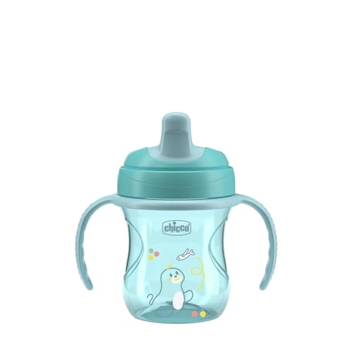 Chicco Training Cup, tasse d'apprentissage en plastique anti-goutte pour un enfant, pour apprendre à boire, bec ergonomique semi-doux, valve et poignées amovibles, 6+ mois, sans BPA, Azur