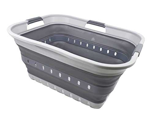 Sammart 42L (11 Gallon) Collapsible Plastic Laundry Basket - Foldable Pop Up Storage Container/Organizer - Portable Washing Tub - Space Saving Hamper/Basket (Grey/Dark Grey) #TOP7