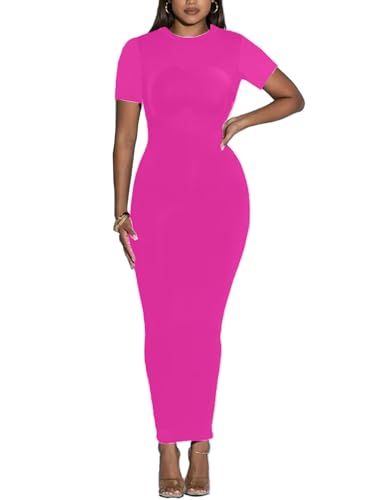 Image of Women's Long Bodycon Dresses Leopard Print Casual Maxi Club Party Tight Dress Short Sleeve