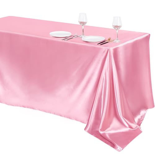 Image of TURSTIN 1 Pack Pink Satin Tablecloth 102 x 58 Inch Overlay Satin Table Cover Rectangle Bright Silk Tablecloth Smooth Fabric Table Decoration for Wedding Banquet Party Events