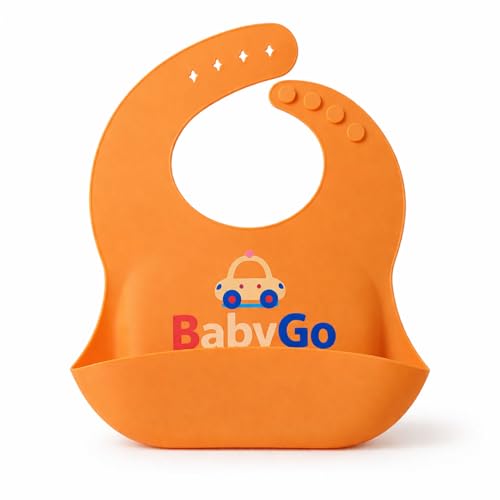 Image of BabyGo Silicone Baby Bib for Feeding & Weaning | Adjustable Neckline with Buttons | BPA Free | Waterproof | Washable & Reusable | 6-36 Months | Mess Proof Baby Feeding Bib | New Orange | Pack of 1