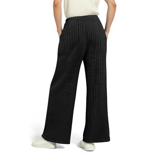 Womens Wide Leg Pants Casual Ribbed Elastic Waist Lounge Pants Drawstring Loose Knit Cute Pajama Bottoms with Pocket4