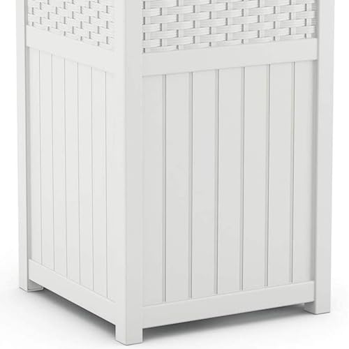 Suncast 33 Gallon Heavy Duty Plastic Cave Outdoor Trash Can Trash Can with Lid Rattan Design for Backyard, Deck, Patio, White