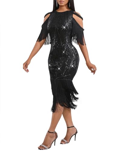 Image of Cololura Sexy Elegant Women Sequin Long Sleeve Tassel Bodycon Midi Dress Party Evening Gown Formal Dress