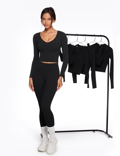 Womens V-Neck Long Sleeve Workout Crop Tops Slim Fit Padded Athletic Shirts Casual Yoga Gym Tops3