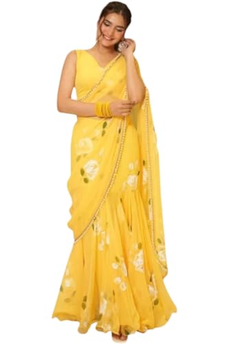 Image of Women's Floral Print Ruffle Saree, Yellow, Soft Georgette, with Blouse Piece, Party & Festive, Wear