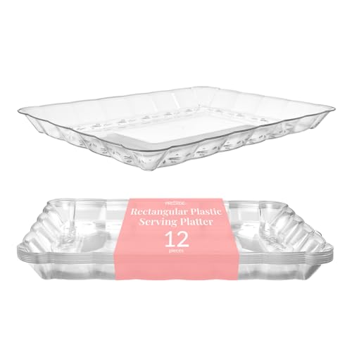 Prestee 長方形プラスチックサービングプラッター 12個パック - 9 x 13インチ 使い捨てフードトレイ パーティーやイベント用 - デザートテーブルディスプレイ、前菜、スナックなど用の透明な大皿。
