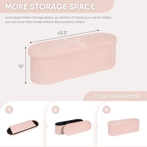 Image of B FSOBEIIALEO Ottoman with Storage for Living Room, Sherpa Folding Storage Ottoman Foot Rest, 43.3 Inches Collapsible Bedroom Bench Pink