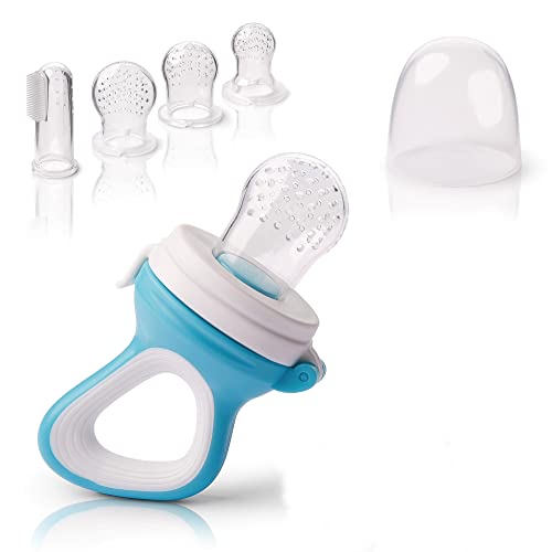 IFancy Fruchtsauger Baby & Kleinkind + 3 Silikon-Sauger in 3 Größen + 1 Baby-Zahnbürste | Zahnungshilfe Baby Schnuller | Beißring, Obstsauger Gemüse, Brei Beikost | Blau/Weiss