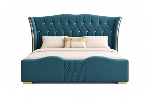 Image of Upholstered Queen Size Bed with Box Storage for Bedroom | Wooden Double Bed with Wooden Ply with Storage | Platform Cot Palang with Headboard | 6.5 x 5 Ft | Sheesham Wood | Teal Blue