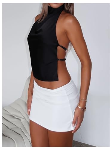 SOLY HUX Women's Satin Halter Backless Crop Top Sexy Sleeveless Tank Shirts Festival Party Clubwear2