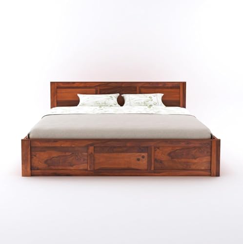 Image of Solid Sheesham Wood King Size Bed with Hydraulic Storage | Wooden Double Bed Cot Bed Furniture for Bedroom Living Room and Home (Honey Finish) - 1 Year Warranty