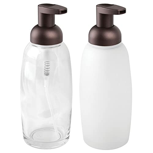 mDesign Modern Glass Refillable Foaming Soap Dispenser Pump Bottle for Bathroom Vanity Countertop, Kitchen Sink - Save on Soap - Vintage-Inspired, Compact Design - 2 Pack - Clear/Bronze & Frost/Bronze