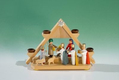 Rudolphs Schatzkiste Candle Holder Mini. - Light Gables with Nativity Scene u.3 of Kings for Doll Candles (7mm x 40mm) Height of Approx. 7.5 cm Candle Holder Candle Candelabrums Seiffen ore Mountains