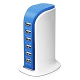 USB Tower Power Adapter 6-Port Smart IC Tech Charging Station with Quick Charge 2.1 for Phone, Tablets, and More (Blue)