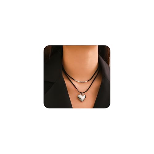 Collier ras du cou cœur bouffant doré pendentif Y2K et cordon noir