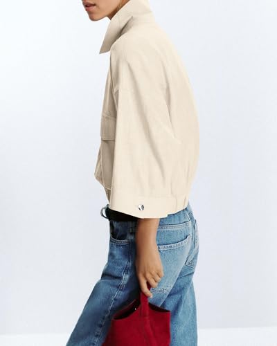 Locachy Women's Casual Lapel Zip Up Jacket Lightweight 3/4 Sleeve Shirts Blouses Tops with Pockets4