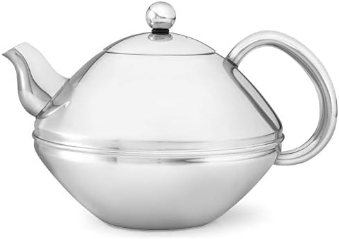 bredemeijer Ceylon Double Walled Teapot, 1.4-Liter, Stainless Steel Glossy Finish with Chromium Accents
