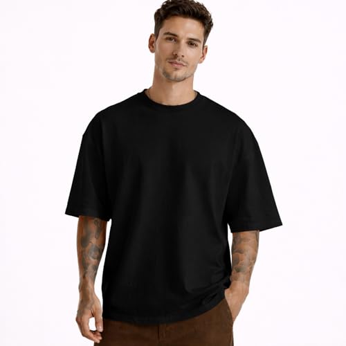 Image of Men's Oversized Round Neck Cotton T-Shirt for Men | Premium Soft Cotton Casual Loose Fit Half Sleeve Plain Tee Shirt