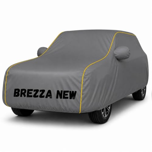 Image of Premium Waterproof Car Cover for Brezza New | Soft Cotton Lining Heavy Duty Triple Stitched Heat Resistant Outdoor Cover Comes with Mirror and Antenna Pocket Full Bottom Elastic (Zig Zag Grey)