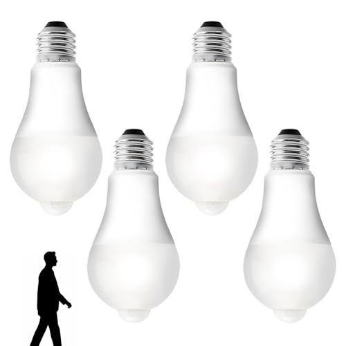 GBKDQQ 4 Stück E27 LED Glühbirne mit Bewegungsmelder, LED Birne mit PIR Bewegungsmelder E27 LED Lampe 12W Kaltes Weiß 3000K Lichtsensor Energiesparlampe für Flur Garage Treppe Balkon