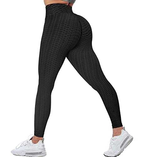 KINGJOZE High Waisted Yoga Pants for Women Stretchy Tummy Control Butt Lifting Booty Textured Leggings Running Workout Tights (Black, Medium)