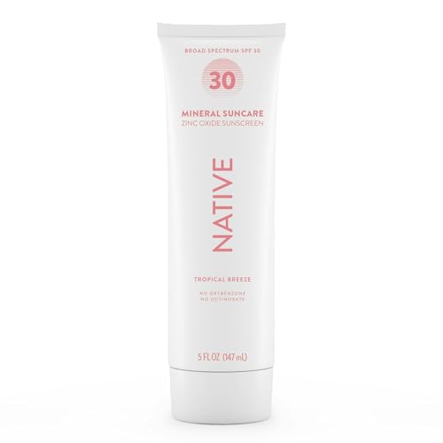 Image of Native Sunscreen SPF 30, Zinc Oxide Dermatologist Tested Suitable for Sensitive Skin & Hawaii Compliant, 5 Ounces | Tropical Breeze Scent Sun Protection Lotion, Lightweight & Smooth (Pack of 12)