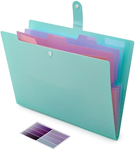 NAFY Colorful Expanding File Folder, 5 Pockets Folder with Colored Labels Portable Weave Pattern Accordion File Folder A4 Letter Size Project Organizer Document Folder for Office School (Green)