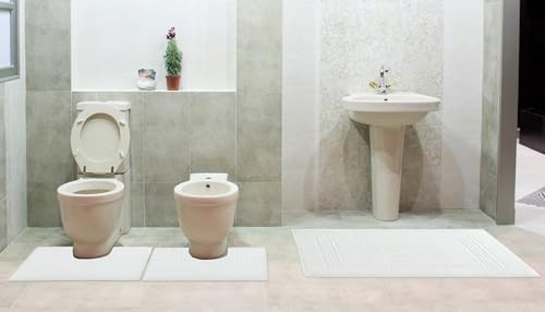 Casatessile Set 3 bath sponge mats, 1 mat 60X90 cm + 2 Round water 60x45 cm Torino Absorbent Bathroom Mat in Cotton, Bathroom Mat Without Non-Slip - BIANCO - Image 2