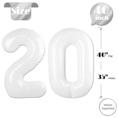 Image of White Number 20 Balloon 40 inch, 20 Number Balloons, 20th White Birthday Decorations 20 Year Old Party Supplies