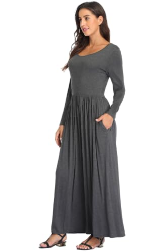 Image of Women's Long Sleeves Maxi Dress Plain Empire Waist Casual Dress Loose Fall /Winter Dresses with Pockets Dark Grey - S
