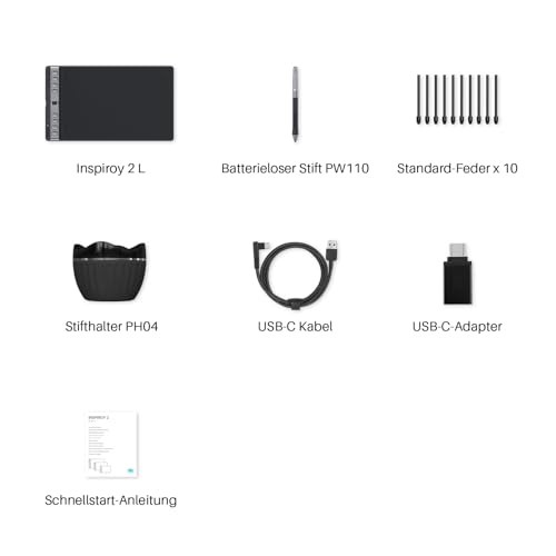HUION Inspiroy 2 L Grafiktabletts, Tragbares Zeichentablett mit 8192 Stufen batterielosem...
