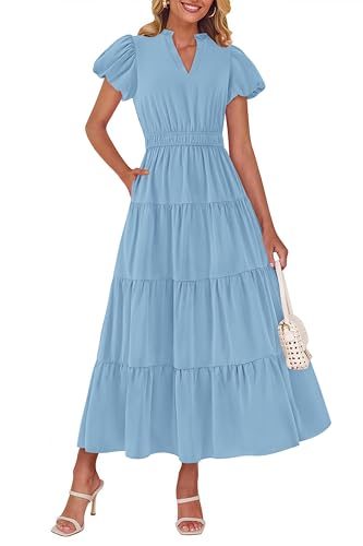 Image of dowerme Womens Summer Dresses 2025 Casual Puff Sleeve V Neck Smocked Waist A-Line Tiered Maxi Prom Dress with Pockets
