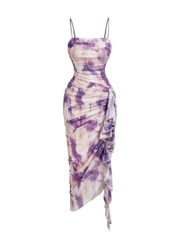 SOLY HUX Women's Floral Mesh Ruffle Hem Bodycon Midi Dress