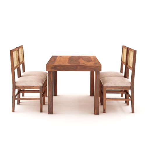 Image of MoonWoode Sheesham Wood 4 Seater Dining Table Set with Cushion Chairs Cane Webbing Wooden Dining Room Dinner Table for Home Living Room and Restaurant Furniture (Honey Finish)