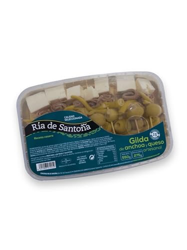 Gildas de anchoa y queso 15 unidades. Ría de Santoña: Aperitivo gourmet con anchoas del Cantábrico, queso semicurado, guindillas y aceitunas, en una bandeja ideal para compartir y disfrutar.(Pack 1)
